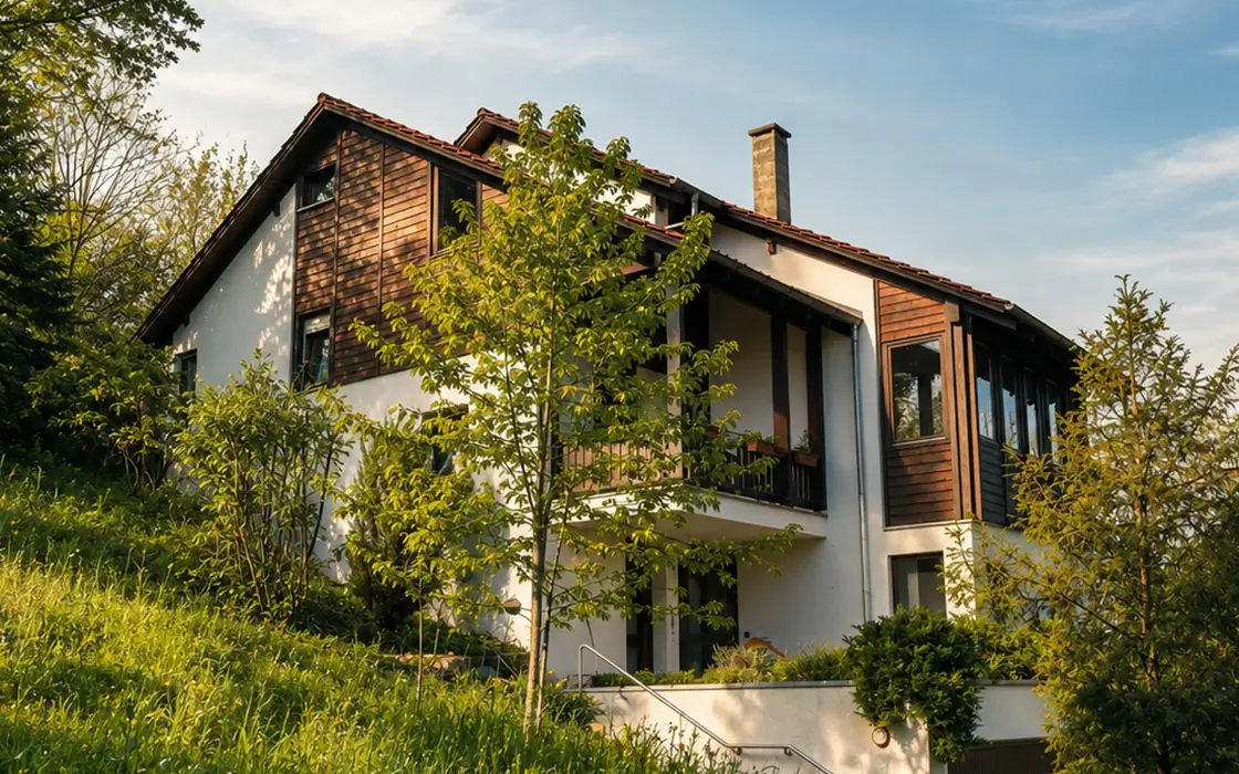 Das Ferienhaus von der Gartenseite – weißes Architektenhaus mit Holzfassade und Balkonen am Hang