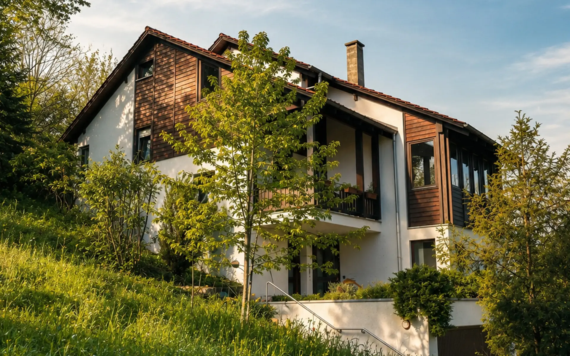 Das Ferienhaus Auf der Alm von der Gartenseite, umgeben von Bäumen