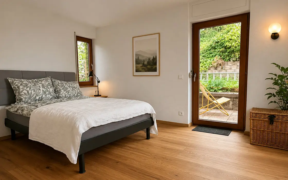 Schlafzimmer mit Doppelbett und Tür zur Terrasse