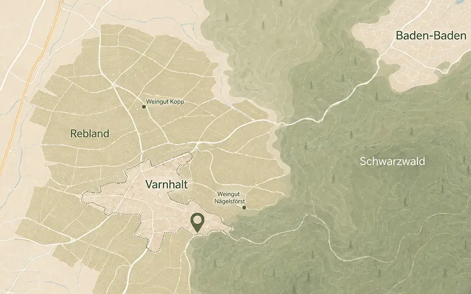 Lagekarte – das Haus am Rand von Varnhalt, zwischen Rebland und Schwarzwald, südwestlich von Baden-Baden