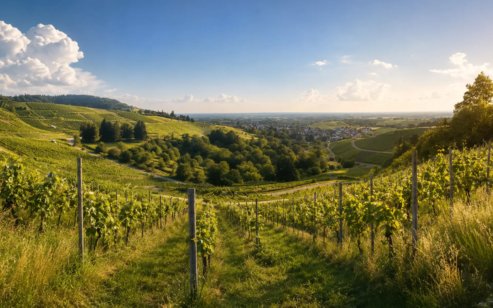 Weinberge im Baden-Badener Rebland mit Blick über ein Weindorf in die Rheinebene